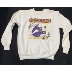 Vintage TRENCH Sweatshirt MINNESOTA VIKINGS Let's Do Lunch  XL YELLOWING READ